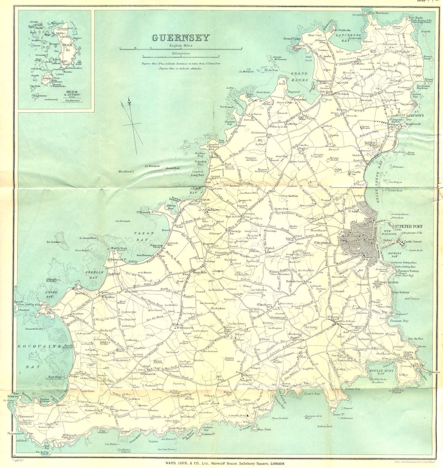 CHANNEL ISLANDS. Guernsey & St Peter Port. Inset Herm Jethou. WARD LOCK 1925 map